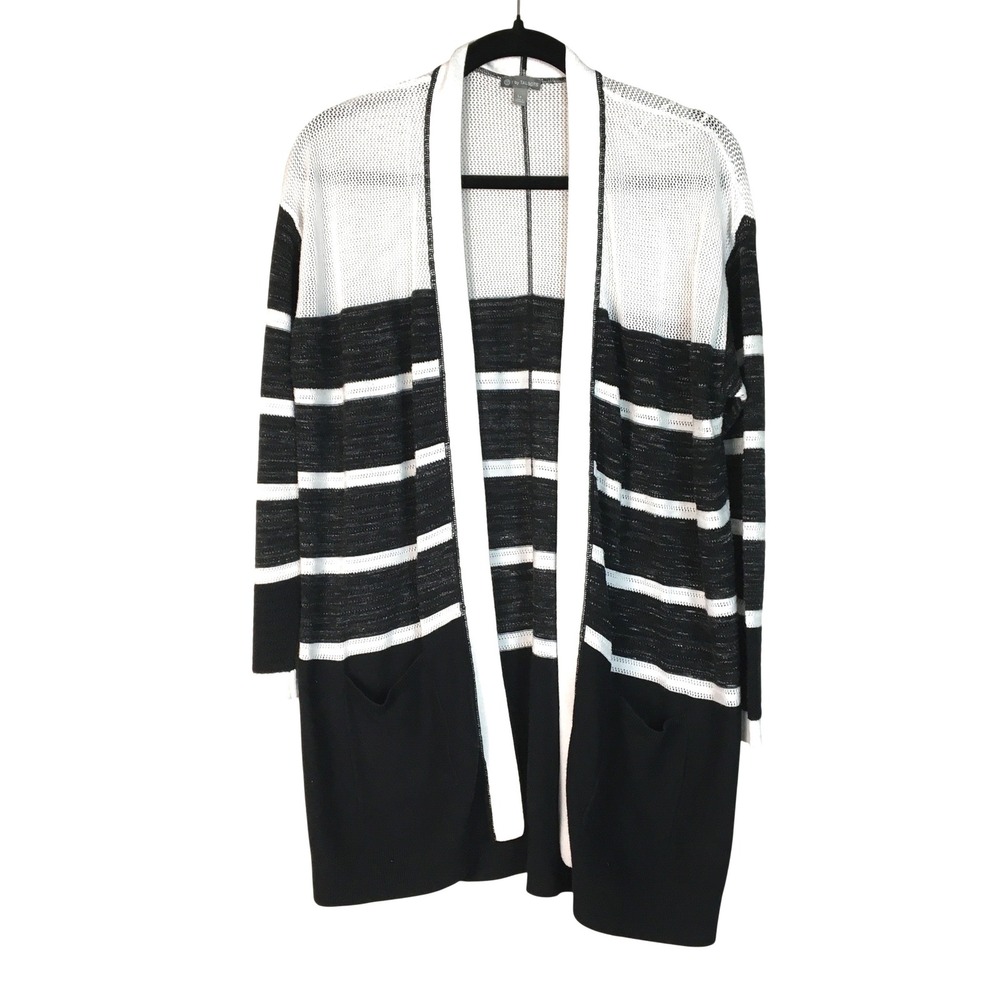 T by Talbots Mesh Striped Open Front Cardigan L Petite Black White Knit